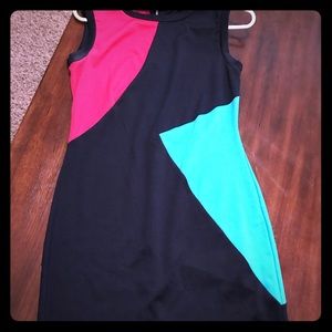 Navy sleeveless dress with pink and turquoise